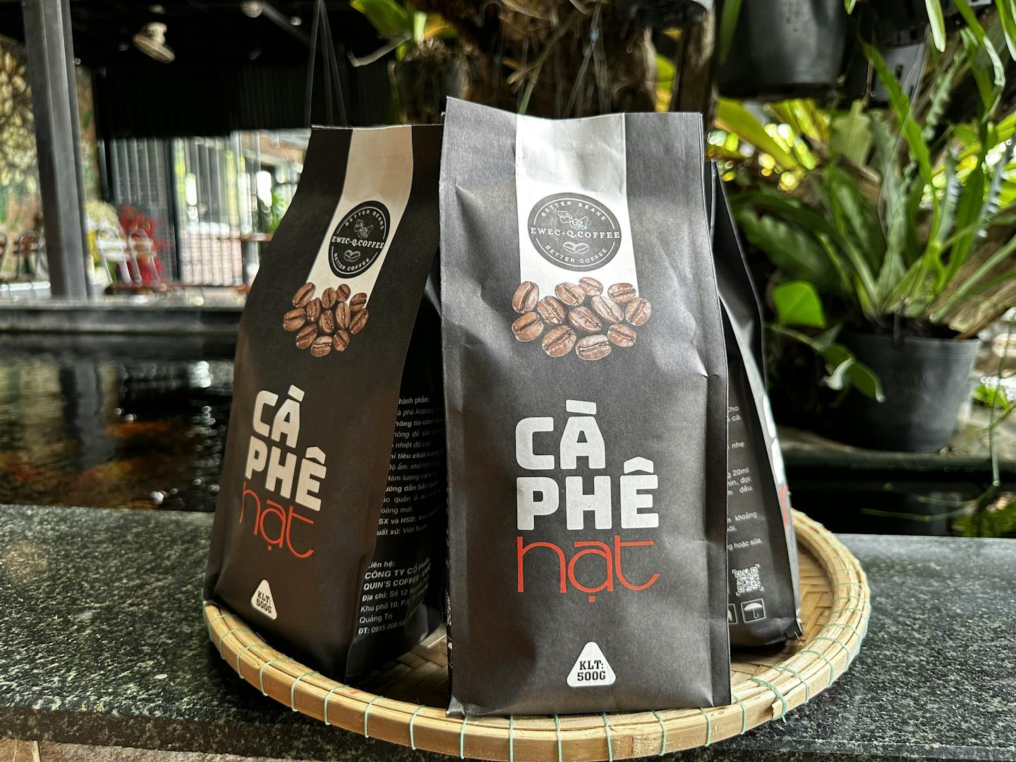 Whole roasted coffee beans packaged